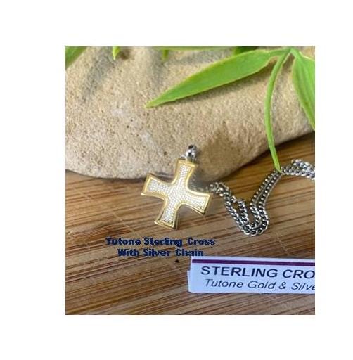 Christian Greek Cross,Gold and Silver Greek Cross, Greek Cross Two Tone 18KT Gold Over Sterling Medal,Eastern Orthodox Necklace, Youth Cross