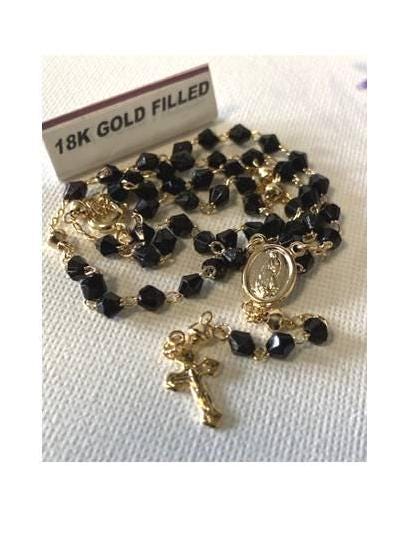 Dainty Black Natural Stone Rosary Chain, 18Kt Gold Filled Rosary Necklace, Virgin Mary Rosary Gold Necklace, Our Lady of Guadalupe Gift