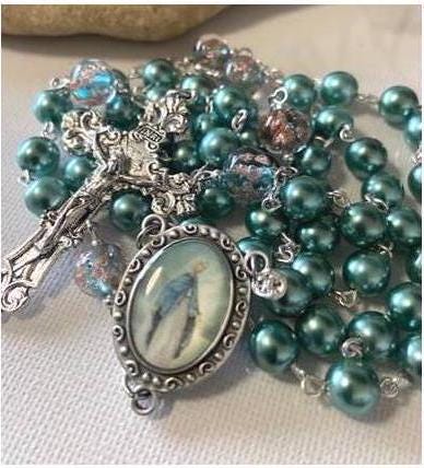 Murano Venetian and Pearl Beads Our Lady of Grace Rosary, Catholic Rosary, Virgin Mary Prayer Beads, Teal and Rose Gold Italian Glass Beads