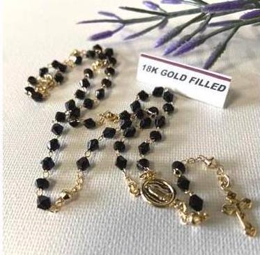 Dainty Black Natural Stone Rosary Chain, 18Kt Gold Filled Rosary Necklace, Virgin Mary Rosary Gold Necklace, Our Lady of Guadalupe Gift