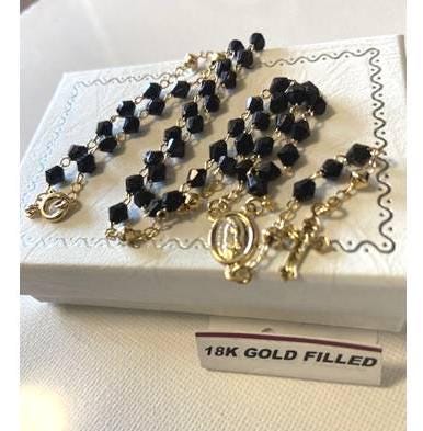 Dainty Black Natural Stone Rosary Chain, 18Kt Gold Filled Rosary Necklace, Virgin Mary Rosary Gold Necklace, Our Lady of Guadalupe Gift