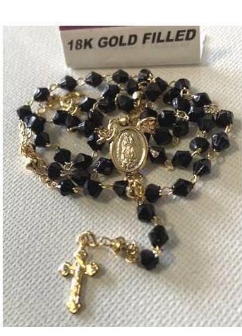 Dainty Black Natural Stone Rosary Chain, 18Kt Gold Filled Rosary Necklace, Virgin Mary Rosary Gold Necklace, Our Lady of Guadalupe Gift