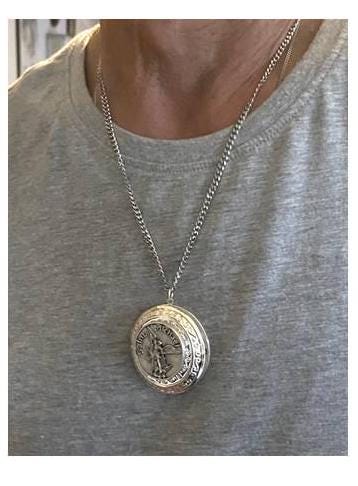 Large Saint Michael Locket for Men,Extra Large St Michael Locket Medal, Adults Size Archangel Locket, Stainless Steel and Pewter St Michael