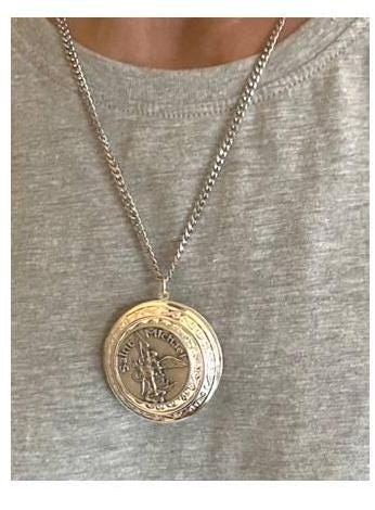 Large Saint Michael Locket for Men,Extra Large St Michael Locket Medal, Adults Size Archangel Locket, Stainless Steel and Pewter St Michael