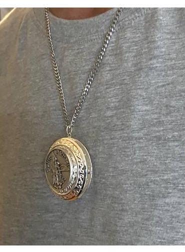 Large Saint Michael Locket for Men,Extra Large St Michael Locket Medal, Adults Size Archangel Locket, Stainless Steel and Pewter St Michael