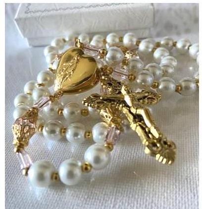 Locket Rosary, Photo Locket Gold Plated Pearl Rosary,Strong Wire Strung Picture Locket Prayer Beads, Mothers Rosary,Memorial Prayer Rosary