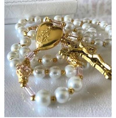 Locket Rosary, Photo Locket Gold Plated Pearl Rosary,Strong Wire Strung Picture Locket Prayer Beads, Mothers Rosary,Memorial Prayer Rosary