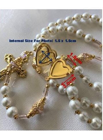 Locket Rosary, Photo Locket Gold Plated Pearl Rosary,Strong Wire Strung Picture Locket Prayer Beads, Mothers Rosary,Memorial Prayer Rosary