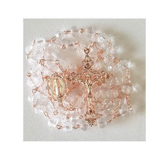 Rose Gold Rosary/Crystal Rosary with Rose Gold Link/ Rose Gold Crucifix and Rose Gold Link Rosary/Crystal Wedding and Bridal Rosary