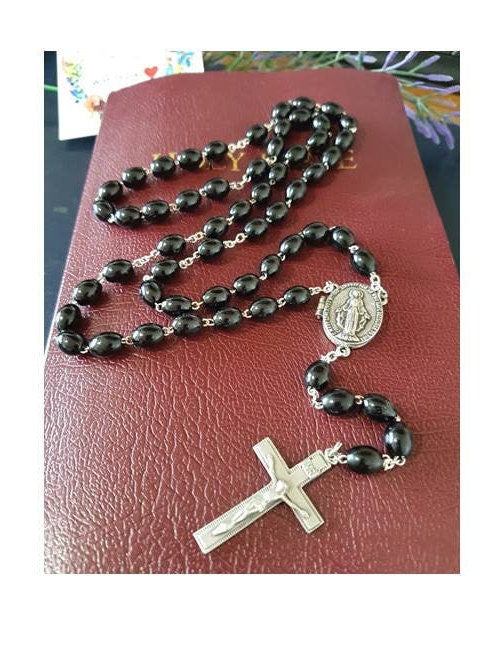 Long Black Wood Locket Rosary for Special Prayer, Prayer Petition Rosary, Men's Wood Rosary, Special Request Rosary, Adult Rosary, Pewter