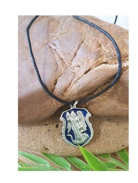 Blue St Michael Necklace , St Michael Badge Medal, Policeman and Military Gift,Adjustable Cord Archangel Michael, Men's and Youth Gift
