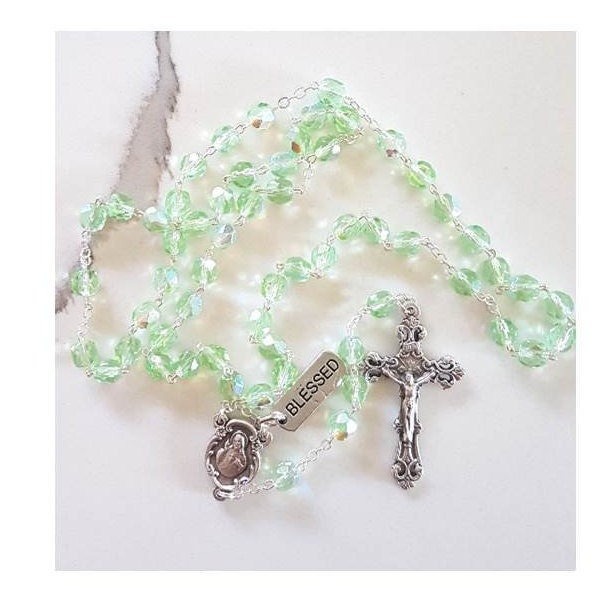 August Birthstone Rosary /Peridot Green August Birthstone Colour Glass Rosary with 'How To Pray The Rosary' Booklet & Birthstone Colour Tag