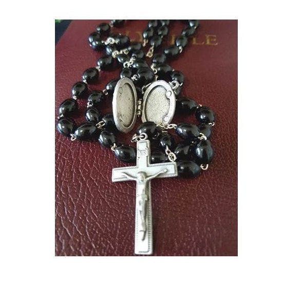 Long Black Wood Locket Rosary for Special Prayer, Prayer Petition Rosary, Men's Wood Rosary, Special Request Rosary, Adult Rosary, Pewter