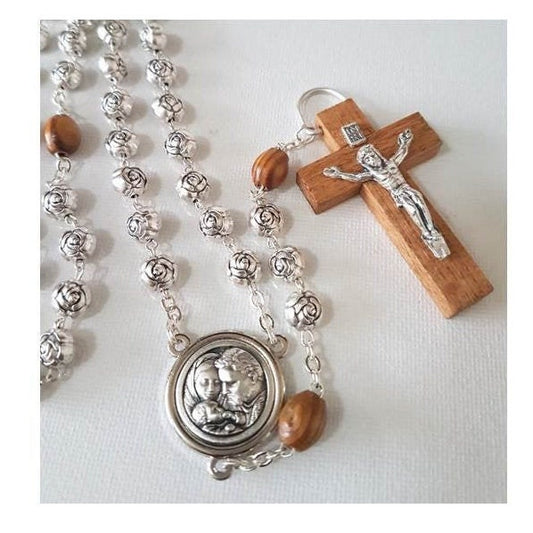 Holy Family Rosary,Olive Wood & Metal Rosebud Rosary, Adults and Men's Wood And Metal Prayer Beads,Our Lady of Perpetual Help Medal, Heavy