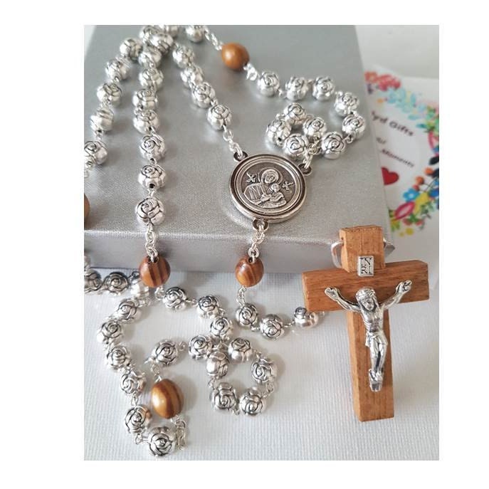 Holy Family Rosary,Olive Wood & Metal Rosebud Rosary, Adults and Men's Wood And Metal Prayer Beads,Our Lady of Perpetual Help Medal, Heavy