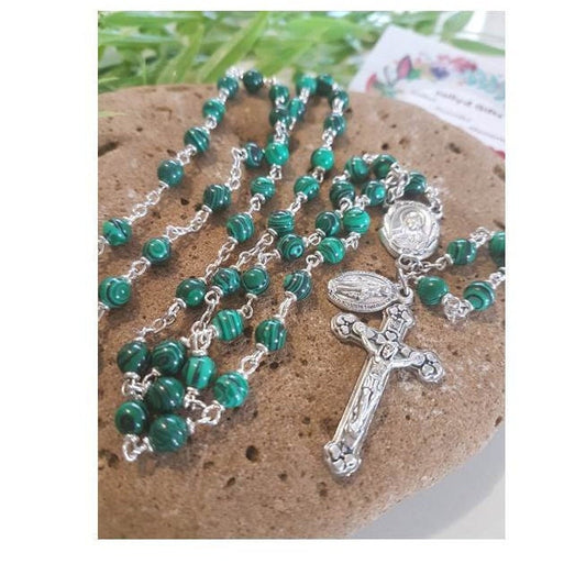 Genuine Malachite Rosary/Malachite Rosary with Jesus and Mary Medals/ Italian Gemstone Malachite Prayer Beads/Gemstone Catholic Rosary
