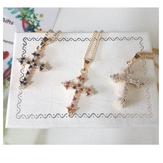 14K Gold Filled Cross with CZ crystal / Crystal Gold Filled Cross Pendant / Black Diamante CZ Cross / Red Cubic Zirconia Cross Necklace
