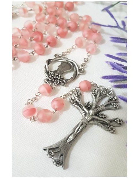 Tree Of Life Rosary/Pink Glass Rosary with Virgin Mary/Dogwood Tree and Flower Rosary/Tree Of Life Gifts/Catholic Prayer Beads