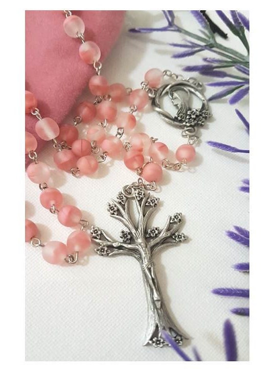 Tree Of Life Rosary/Pink Glass Rosary with Virgin Mary/Dogwood Tree and Flower Rosary/Tree Of Life Gifts/Catholic Prayer Beads