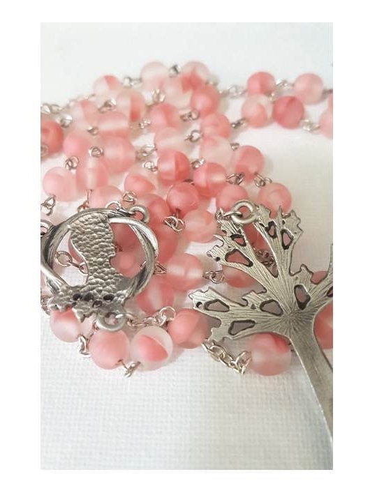 Tree Of Life Rosary/Pink Glass Rosary with Virgin Mary/Dogwood Tree and Flower Rosary/Tree Of Life Gifts/Catholic Prayer Beads