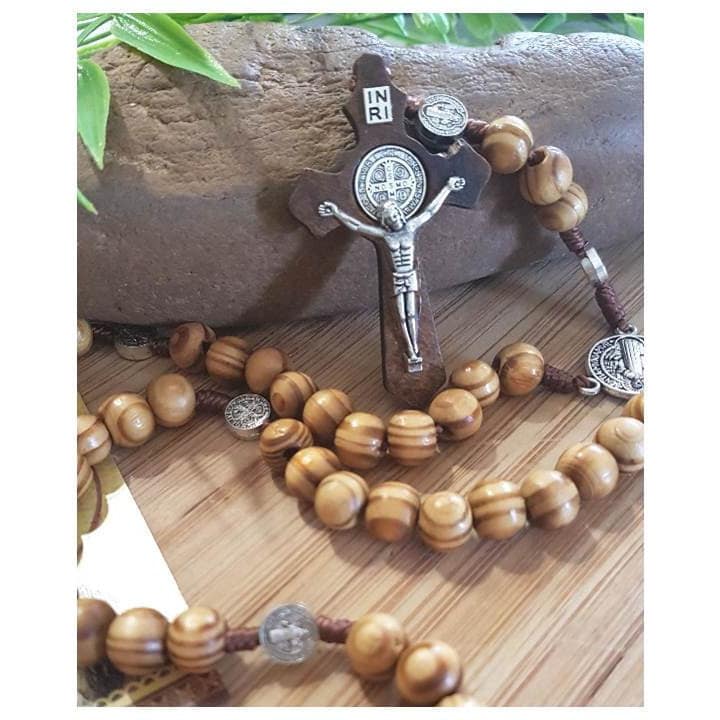 Big Olivewood Rosary/Big Beads Olive Wood Rosary with St Benedict Cross/Corded Olive Wood Rosary for Men/Wooden Saint Benedict Rosary