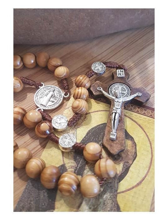 Big Olivewood Rosary/Big Beads Olive Wood Rosary with St Benedict Cross/Corded Olive Wood Rosary for Men/Wooden Saint Benedict Rosary