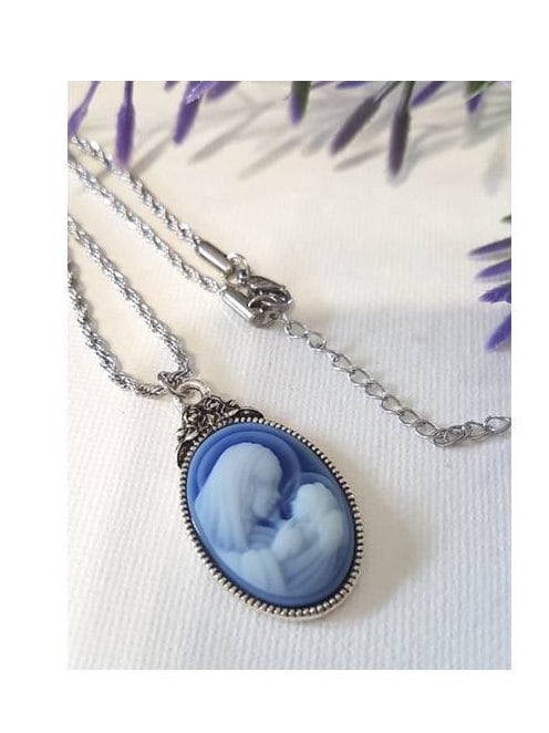 Cameo Mother & Child Pendant/Gifts for Mothers/Ladies Blue Cameo Necklace/Madonna and Child Cameo Pendant with Extension/New Mother's Gift