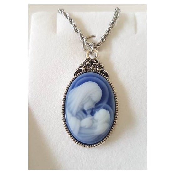 Cameo Mother & Child Pendant/Gifts for Mothers/Ladies Blue Cameo Necklace/Madonna and Child Cameo Pendant with Extension/New Mother's Gift