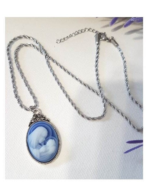 Cameo Mother & Child Pendant/Gifts for Mothers/Ladies Blue Cameo Necklace/Madonna and Child Cameo Pendant with Extension/New Mother's Gift