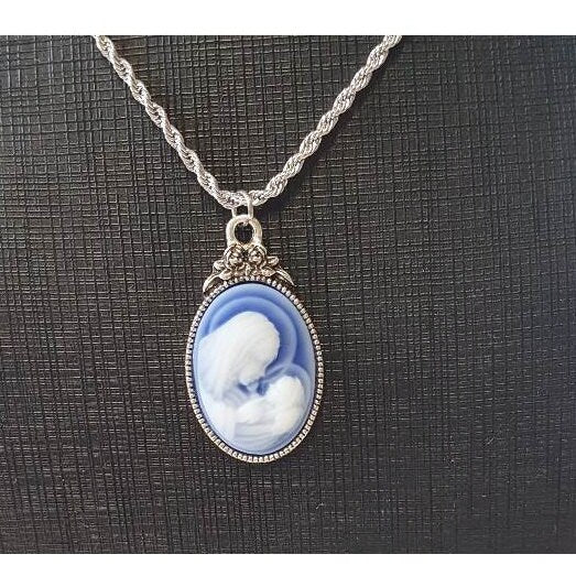 Cameo Mother & Child Pendant/Gifts for Mothers/Ladies Blue Cameo Necklace/Madonna and Child Cameo Pendant with Extension/New Mother's Gift