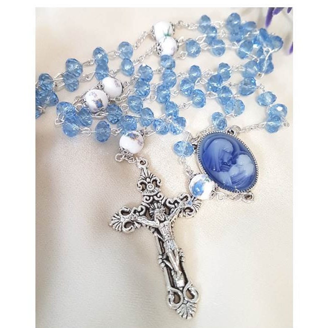 Blue Cameo Mother and Child Rosary/Virgin Mary and Baby Jesus Cameo Rosary/Blue Ceramic and Crystal Rosary with Cameo Image/Gifts For Mum