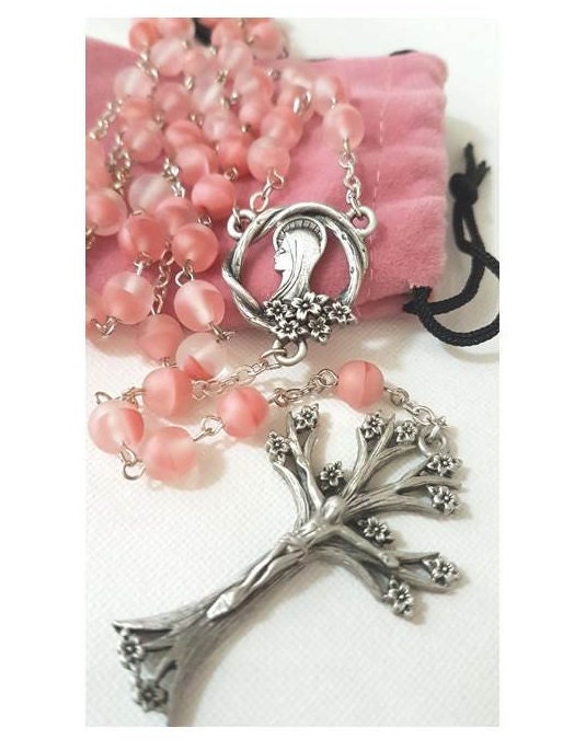 Tree Of Life Rosary/Pink Glass Rosary with Virgin Mary/Dogwood Tree and Flower Rosary/Tree Of Life Gifts/Catholic Prayer Beads