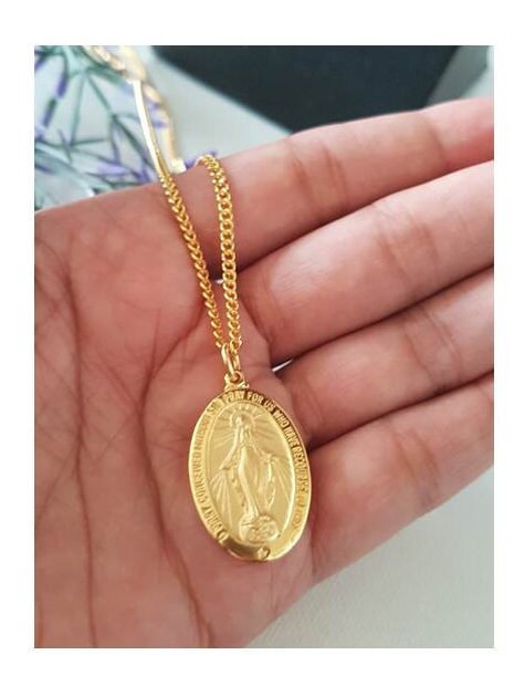 Sterling Silver Miraculous Medal,Medal of Our Lady Of Grace,Gold Over Sterling Silver Virgin Mary Necklace,Mother Mary Pendant in Gold
