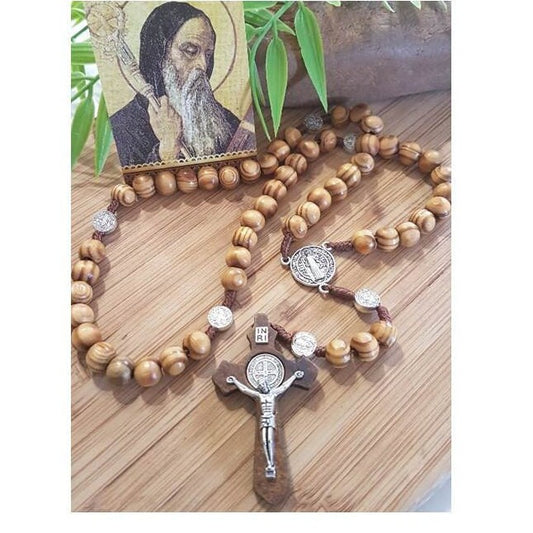 Big Olivewood Rosary/Big Beads Olive Wood Rosary with St Benedict Cross/Corded Olive Wood Rosary for Men/Wooden Saint Benedict Rosary