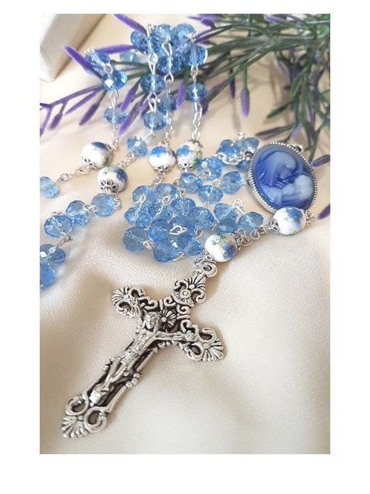 Blue Cameo Mother and Child Rosary/Virgin Mary and Baby Jesus Cameo Rosary/Blue Ceramic and Crystal Rosary with Cameo Image/Gifts For Mum