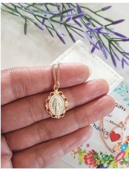 Rose Gold Sterling Miraculous Medal pendant/Rose Gold and White Mother Mary Silver Medal/Virgin Mary Rose Gold Sterling Silver