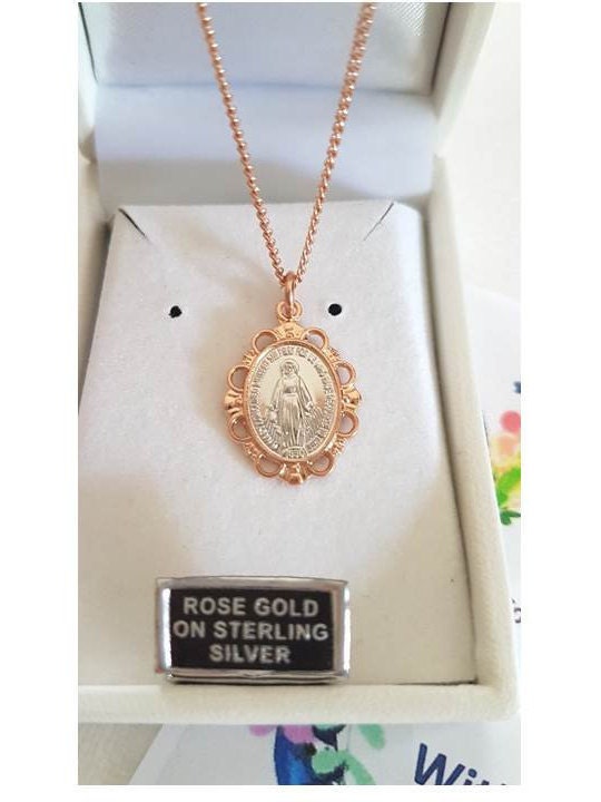 Rose Gold Sterling Miraculous Medal pendant/Rose Gold and White Mother Mary Silver Medal/Virgin Mary Rose Gold Sterling Silver