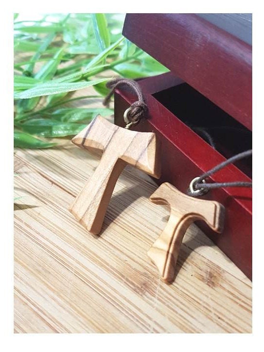 Olivewood Tau Cross,Tau Cross Corded Olive Wood Necklace,Franciscan Cross Pendant,Boys and Girls Wood Cross,Men Wood Cross Corded Necklace