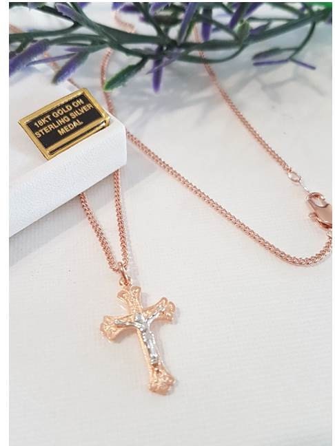 Rose Gold Crucifix, Sterling Silver Rose Gold Crucifix, Two Tone Sterling Silver Crucifix, Ladies Rose Gold On Sterling Crucifix Pendant
