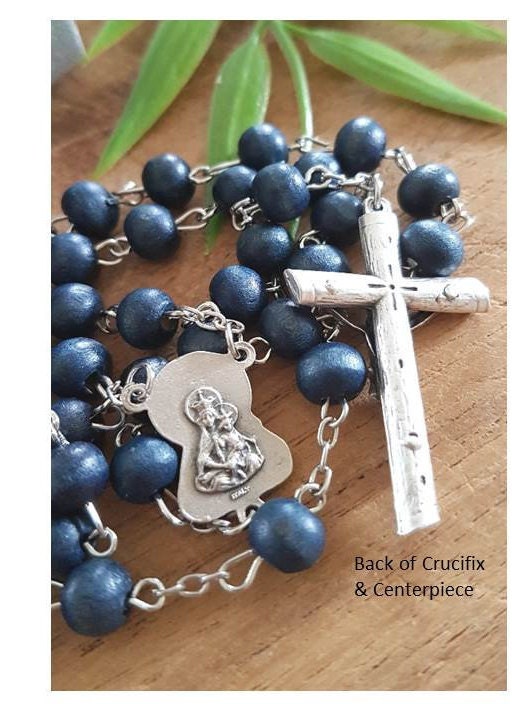 Blue Wood Rosary, Rosary for Men, 8mm Big Beads Wood Rosary, Rustic Crucifix, RCIA Gifts, Graduation Gift, Sacred Heart of Jesus Rosary