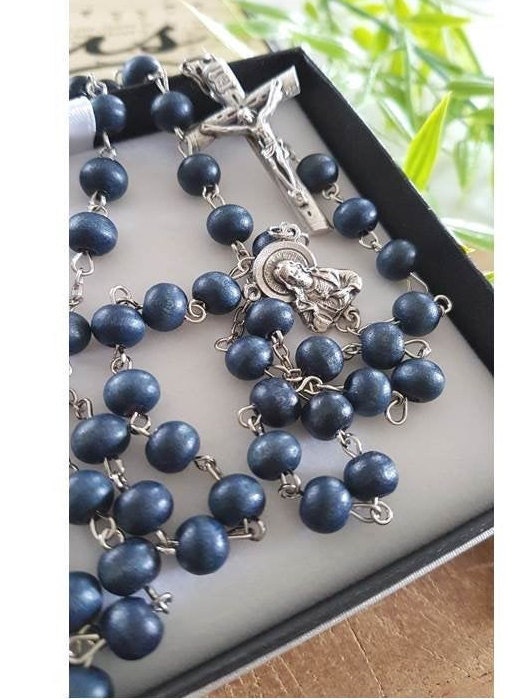 Blue Wood Rosary, Rosary for Men, 8mm Big Beads Wood Rosary, Rustic Crucifix, RCIA Gifts, Graduation Gift, Sacred Heart of Jesus Rosary
