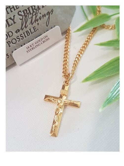 Gold Over Sterling Silver Crucifix/Gold On Silver Crucifix Pendant/Mens Solid Crucifix Necklace/Crucifix Necklace Gold For Men and Women