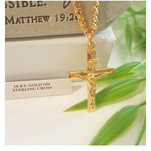 Gold Over Sterling Silver Crucifix/Gold On Silver Crucifix Pendant/Mens Solid Crucifix Necklace/Crucifix Necklace Gold For Men and Women