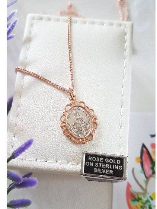 Rose Gold Sterling Miraculous Medal pendant/Rose Gold and White Mother Mary Silver Medal/Virgin Mary Rose Gold Sterling Silver