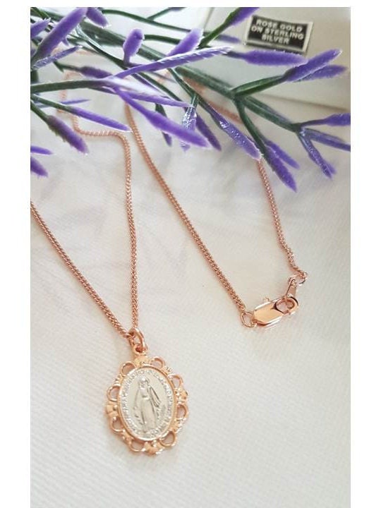 Rose Gold Sterling Miraculous Medal pendant/Rose Gold and White Mother Mary Silver Medal/Virgin Mary Rose Gold Sterling Silver