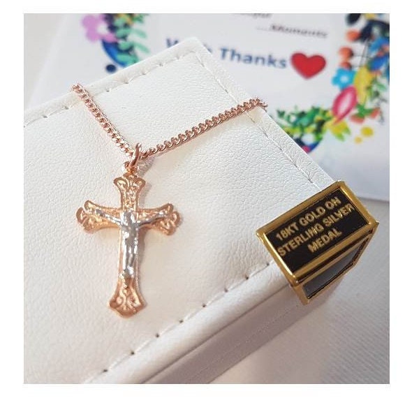 Rose Gold Crucifix, Sterling Silver Rose Gold Crucifix, Two Tone Sterling Silver Crucifix, Ladies Rose Gold On Sterling Crucifix Pendant