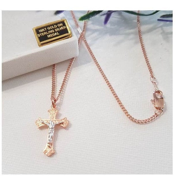 Rose Gold Crucifix, Sterling Silver Rose Gold Crucifix, Two Tone Sterling Silver Crucifix, Ladies Rose Gold On Sterling Crucifix Pendant