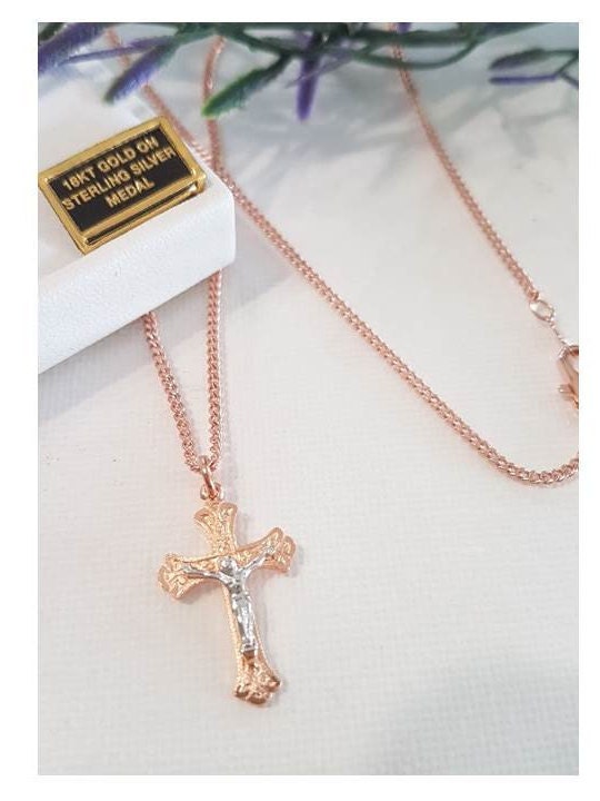 Rose Gold Crucifix, Sterling Silver Rose Gold Crucifix, Two Tone Sterling Silver Crucifix, Ladies Rose Gold On Sterling Crucifix Pendant