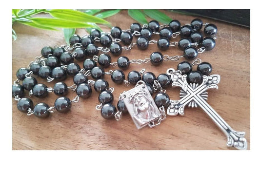 Chunky Hematite Rosary/Genuine Hematite 8mm Beads Rosary/Hematite Prayer Beads/Heavy Rosary for Men/Scapular Medal/Crown Of Thorns Rosary