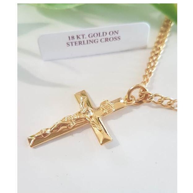 Gold Over Sterling Silver Crucifix/Gold On Silver Crucifix Pendant/Mens Solid Crucifix Necklace/Crucifix Necklace Gold For Men and Women